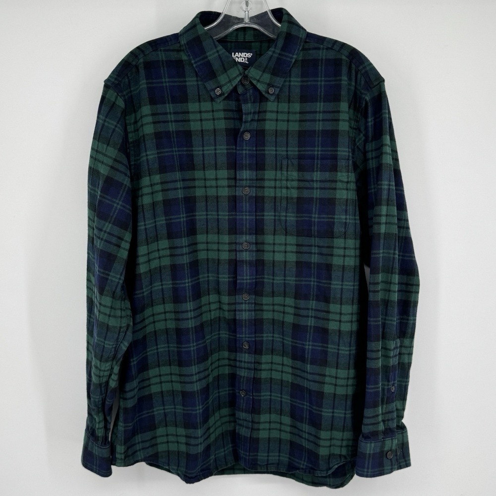 Lands' End Men Large Flannel Shirt Black Watch Plaid Cotton Button Down Flagship - Picture 2 of 10
